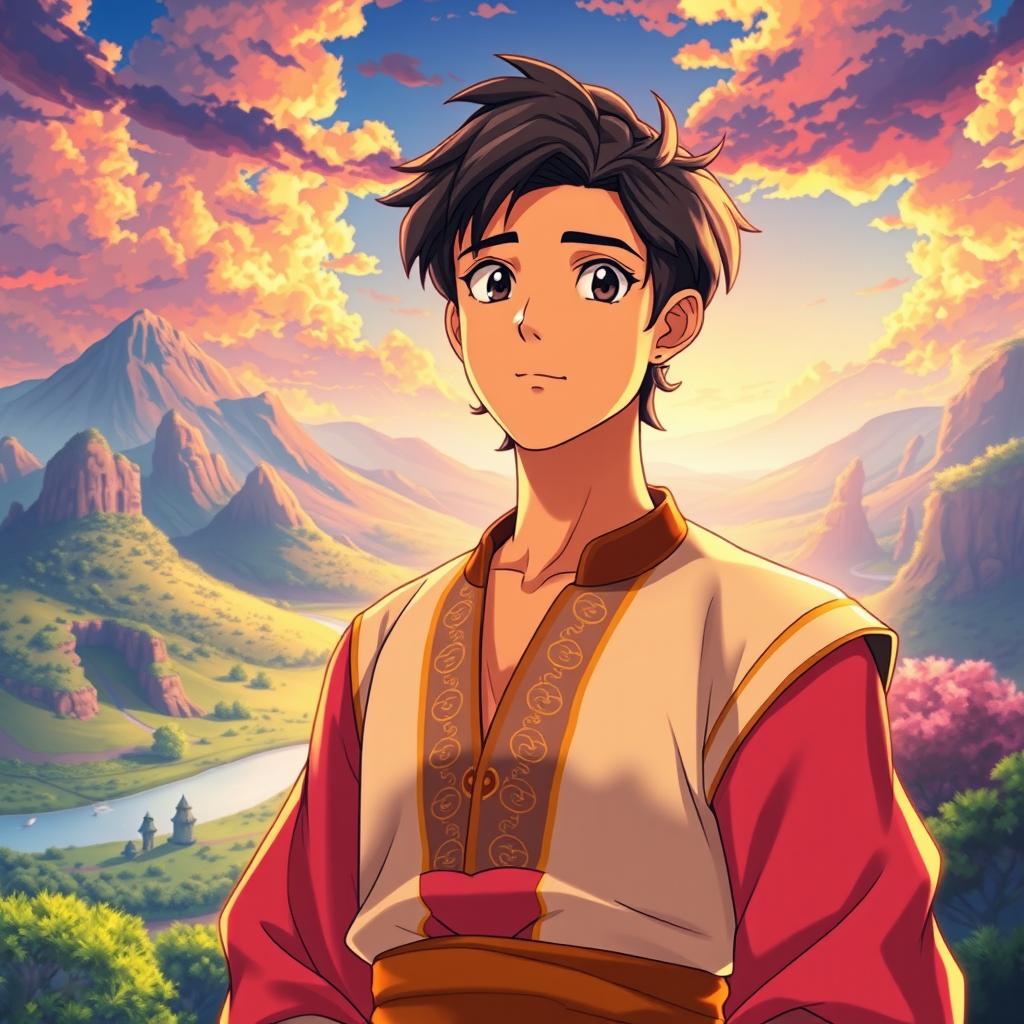 A detailed anime-style depiction of Aladdin, inspired by the works of Makoto Shinkai