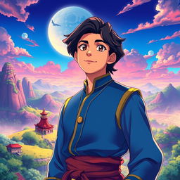 A detailed anime-style depiction of Aladdin, inspired by the works of Makoto Shinkai