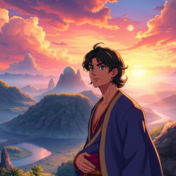 A detailed anime-style depiction of Aladdin, inspired by the works of Makoto Shinkai