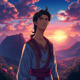 A detailed anime-style depiction of Aladdin, inspired by the works of Makoto Shinkai