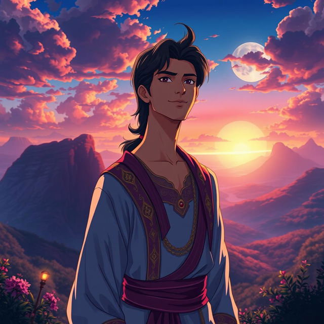 A detailed anime-style depiction of Aladdin, inspired by the works of Makoto Shinkai