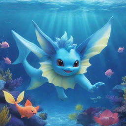 A colorful and vivid portrayal of the Pokemon Vaporeon, in a bright aquatic background, the creature being playful and energetic.