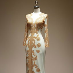 A detailed design of an elegant dress, featuring intricate patterns and luxurious fabrics