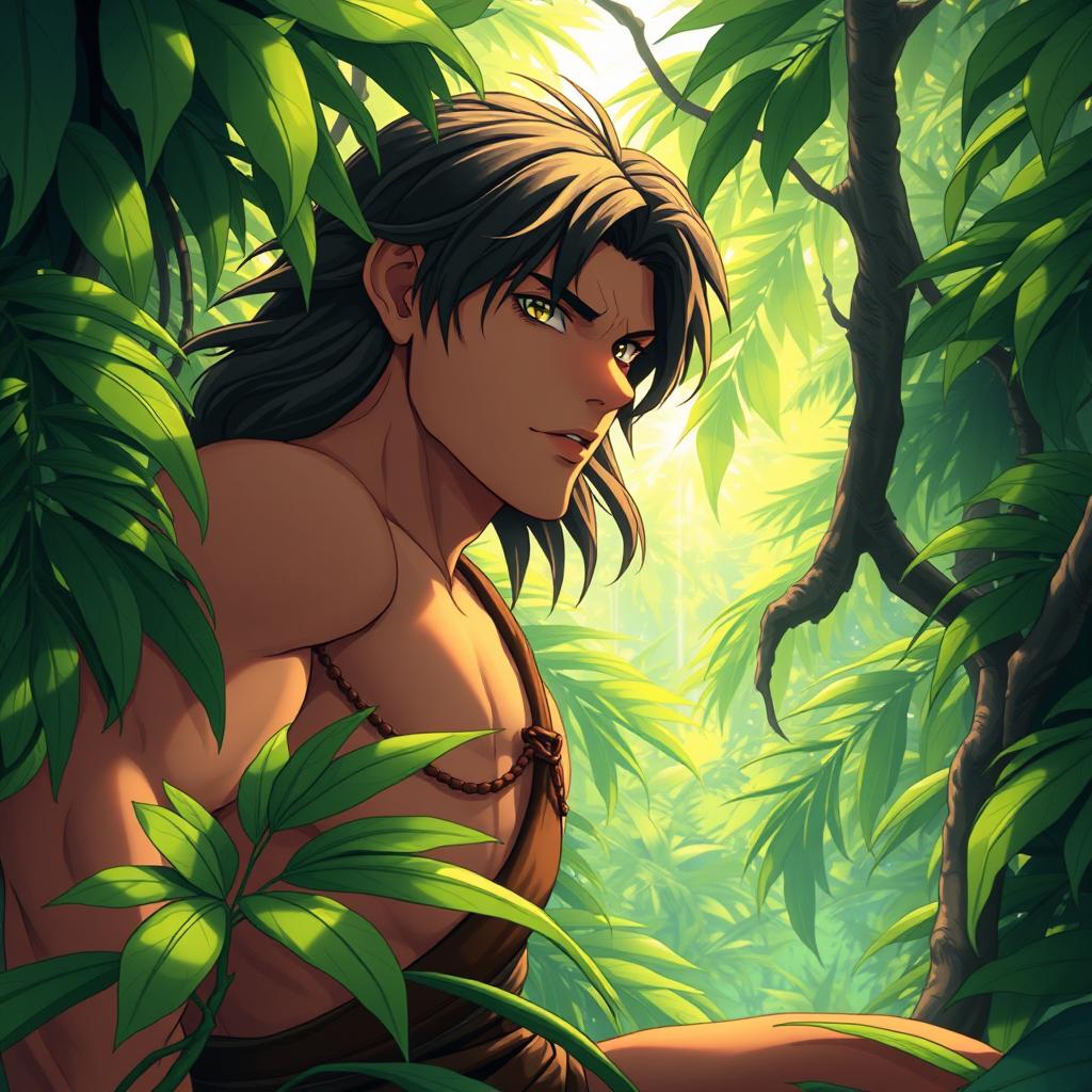 A detailed anime-style depiction of Tarzan, inspired by the works of Makoto Shinkai