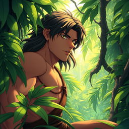 A detailed anime-style depiction of Tarzan, inspired by the works of Makoto Shinkai