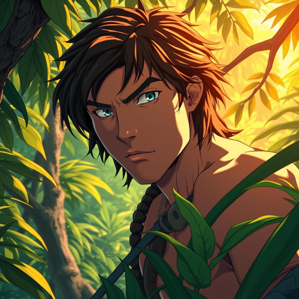 A detailed anime-style depiction of Tarzan, inspired by the works of Makoto Shinkai