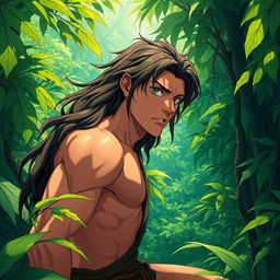 A detailed anime-style depiction of Tarzan, inspired by the works of Makoto Shinkai