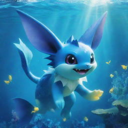 A colorful and vivid portrayal of the Pokemon Vaporeon, in a bright aquatic background, the creature being playful and energetic.