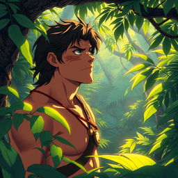 A detailed anime-style depiction of Tarzan, inspired by the works of Makoto Shinkai