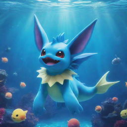 A colorful and vivid portrayal of the Pokemon Vaporeon, in a bright aquatic background, the creature being playful and energetic.