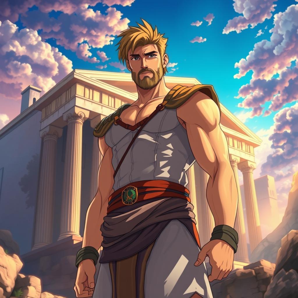 A detailed anime-style depiction of Hercules, inspired by the works of Makoto Shinkai