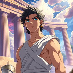 A detailed anime-style depiction of Hercules, inspired by the works of Makoto Shinkai