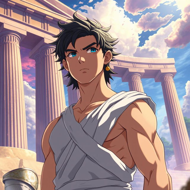 A detailed anime-style depiction of Hercules, inspired by the works of Makoto Shinkai