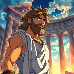 A detailed anime-style depiction of Hercules, inspired by the works of Makoto Shinkai