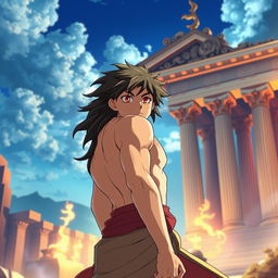 A detailed anime-style depiction of Hercules, inspired by the works of Makoto Shinkai