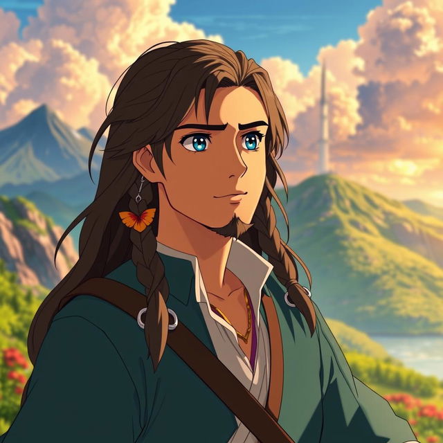 A detailed anime-style depiction of John Smith from Pocahontas, inspired by the works of Makoto Shinkai