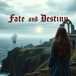 Create a dramatic book cover showing a young girl with long tawny hair standing on a windswept cliff