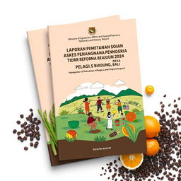 Design a book cover for a report on community land empowerment by the Ministry of Agrarian Affairs and Spatial Planning, National Land Agency