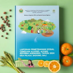 Design a book cover for a report on community land empowerment by the Ministry of Agrarian Affairs and Spatial Planning, National Land Agency