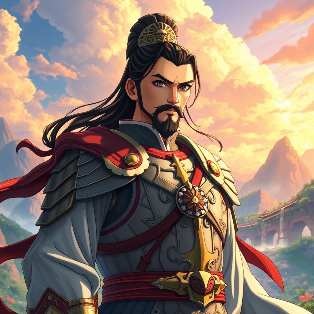 A detailed anime-style depiction of General Li Shang from Mulan, inspired by the works of Makoto Shinkai