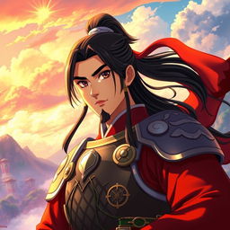 A detailed anime-style depiction of General Li Shang from Mulan, inspired by the works of Makoto Shinkai