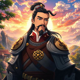 A detailed anime-style depiction of General Li Shang from Mulan, inspired by the works of Makoto Shinkai