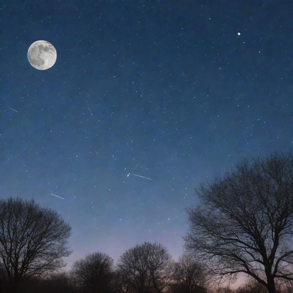 An ethereal night sky with glimpses of brilliant constellations, shooting stars and a radiant full moon