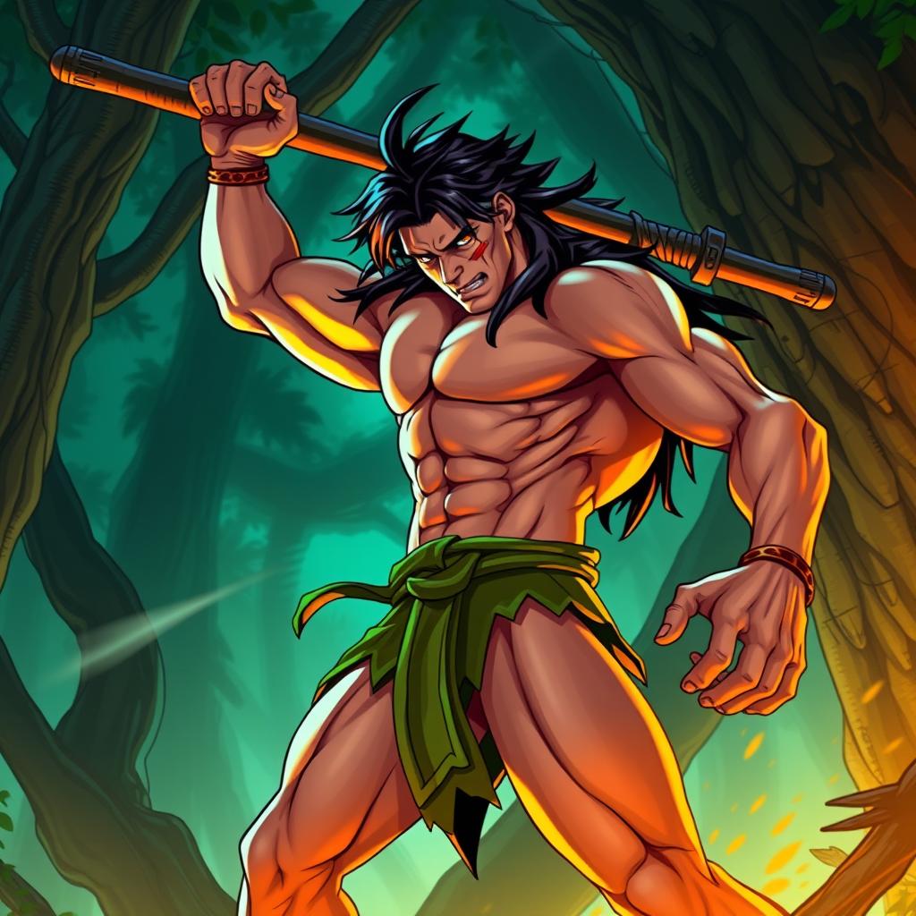 Tarzan reimagined as an epic character from JoJo's Bizarre Adventure, with exaggerated muscles, flamboyant poses, and dramatic flair