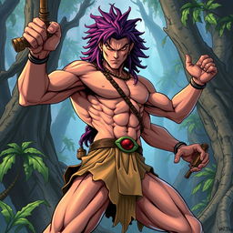 Tarzan reimagined as an epic character from JoJo's Bizarre Adventure, with exaggerated muscles, flamboyant poses, and dramatic flair