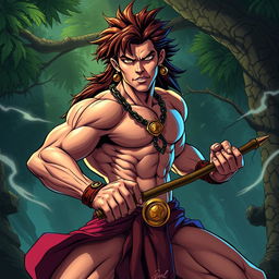 Tarzan reimagined as an epic character from JoJo's Bizarre Adventure, with exaggerated muscles, flamboyant poses, and dramatic flair