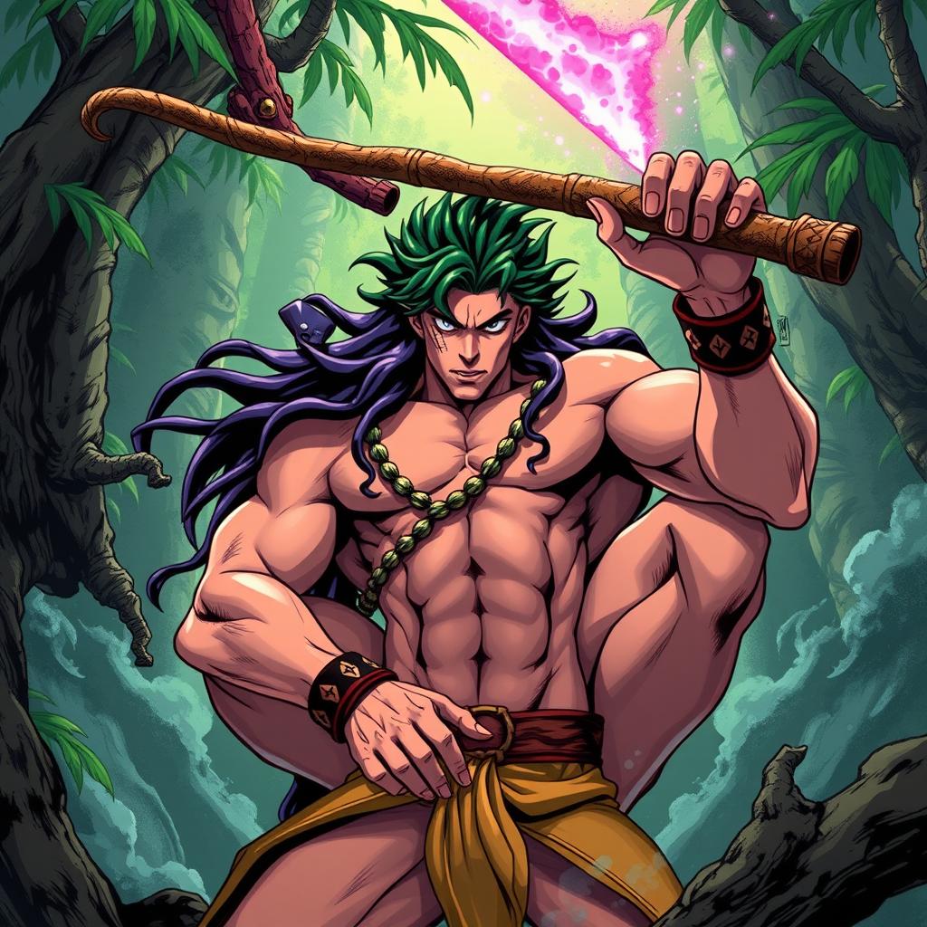 Tarzan reimagined as an epic character from JoJo's Bizarre Adventure, with exaggerated muscles, flamboyant poses, and dramatic flair