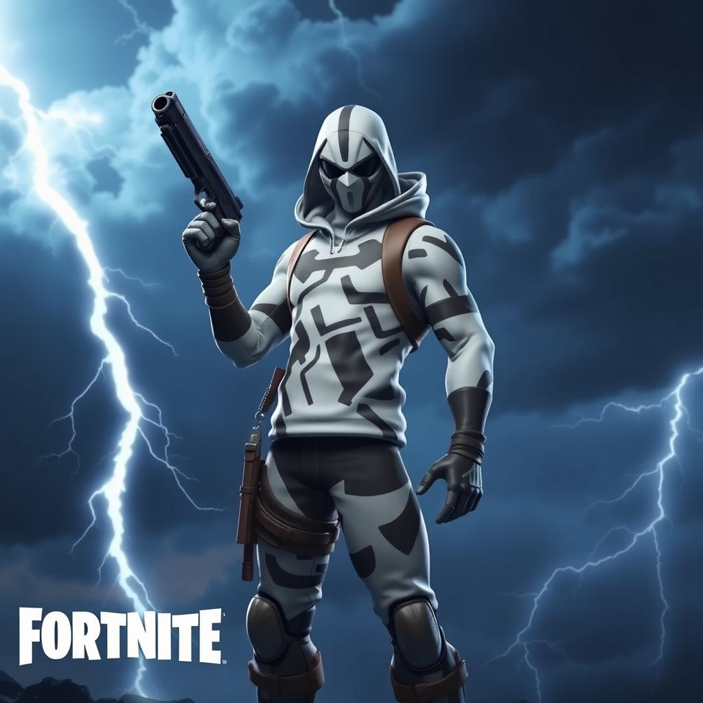 A cool Fortnite skin character standing in the storm, holding a pistol