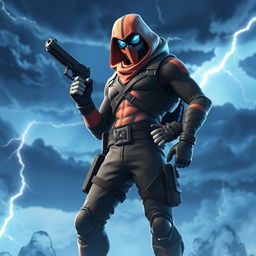 A cool Fortnite skin character standing in the storm, holding a pistol