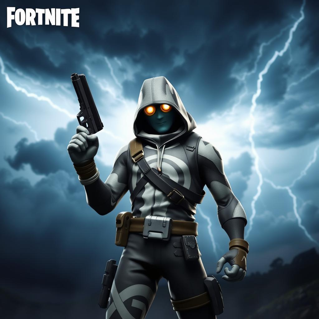 A cool Fortnite skin character standing in the storm, holding a pistol