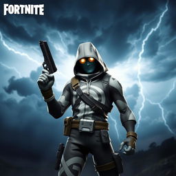 A cool Fortnite skin character standing in the storm, holding a pistol