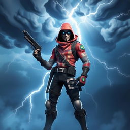 A cool Fortnite skin character standing in the storm, holding a pistol