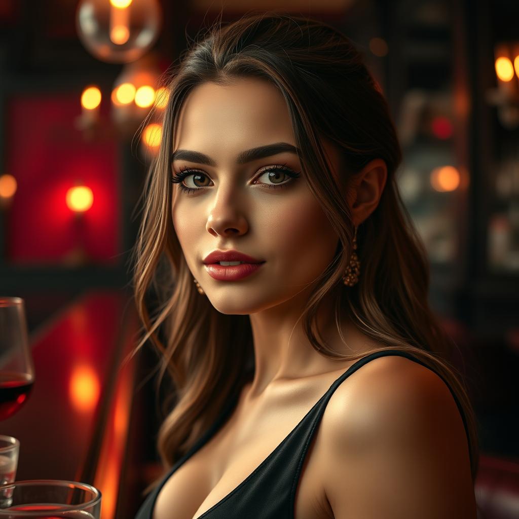 Ultra realistic, award-winning photo of a very beautiful young classy woman in a classy bar