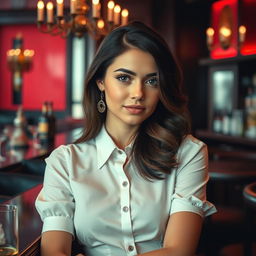 Ultra realistic, award-winning photo of a very beautiful young classy woman in a classy bar