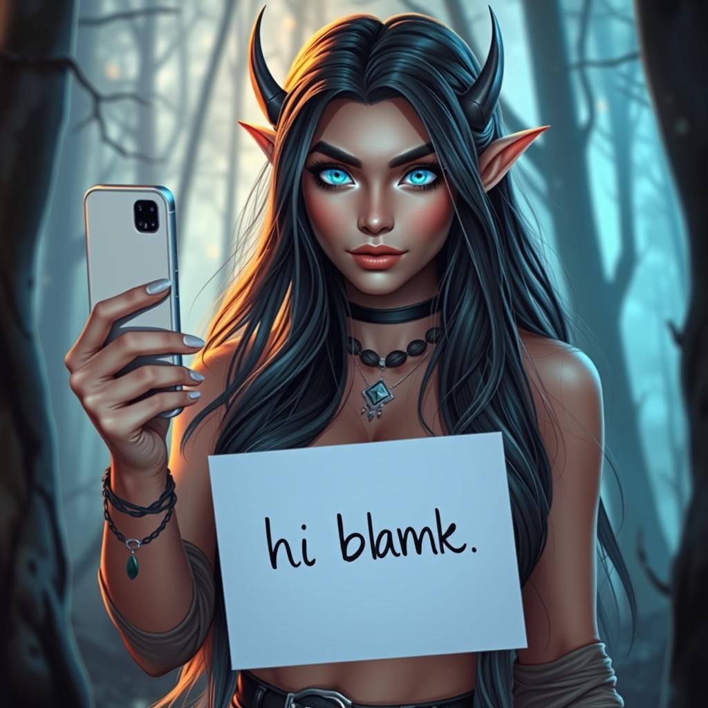 A hot night elf woman taking a selfie for Instagram, holding a sign that says 'hi blank'