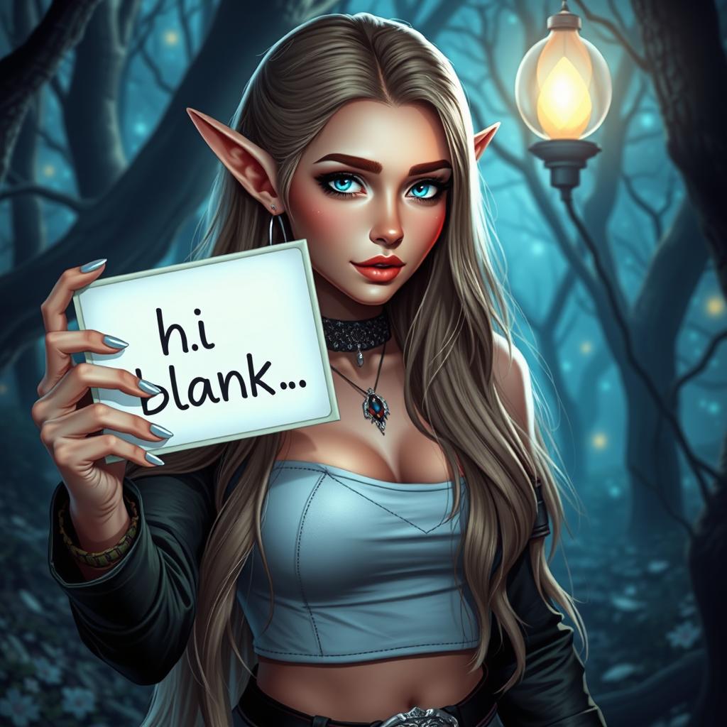 A hot night elf woman taking a selfie for Instagram, holding a sign that says 'hi blank'