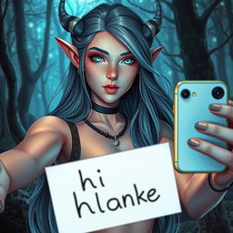 A hot night elf woman taking a selfie for Instagram, holding a sign that says 'hi blank'