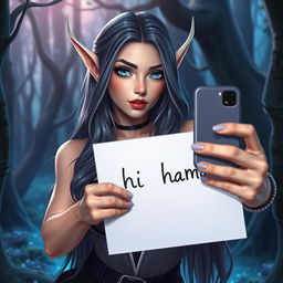 A hot night elf woman taking a selfie for Instagram, holding a sign that says 'hi blank'