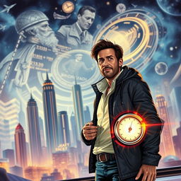 A time traveller man stands in front of a futuristic cityscape, holding a device that glows with energy