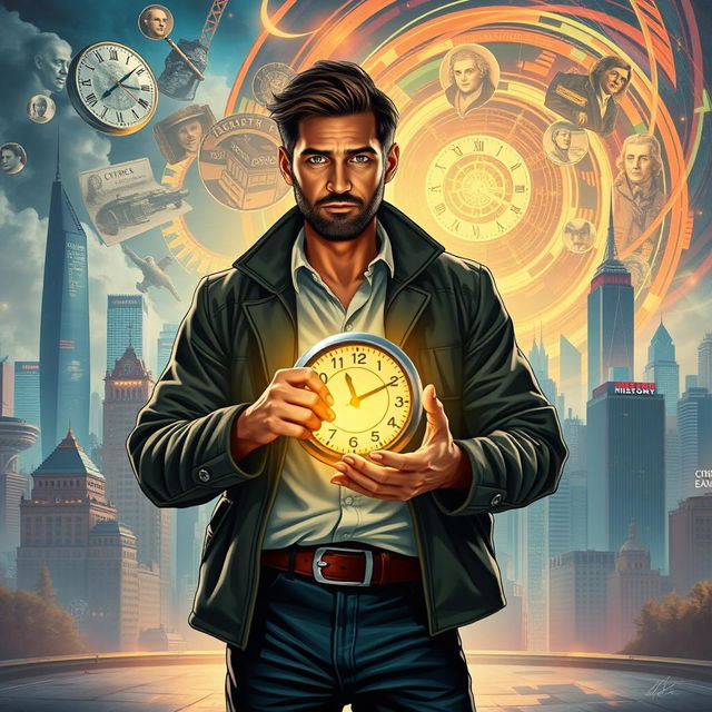 A time traveller man stands in front of a futuristic cityscape, holding a device that glows with energy