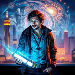 A time traveller man stands in front of a futuristic cityscape, holding a device that glows with energy