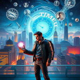 A time traveller man stands in front of a futuristic cityscape, holding a device that glows with energy