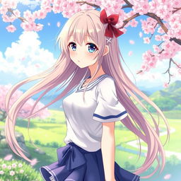 Create an image of a beautiful anime-style waifu with long flowing hair, sparkling eyes, and a cute outfit