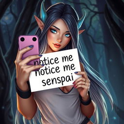 A hot night elf woman taking a selfie for Instagram, holding a sign that says 'notice me senpai'