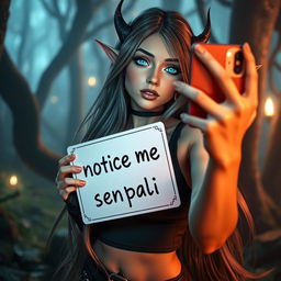 A hot night elf woman taking a selfie for Instagram, holding a sign that says 'notice me senpai'