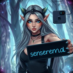 A hot night elf woman taking a selfie for Instagram, holding a sign that says 'notice me senpai'